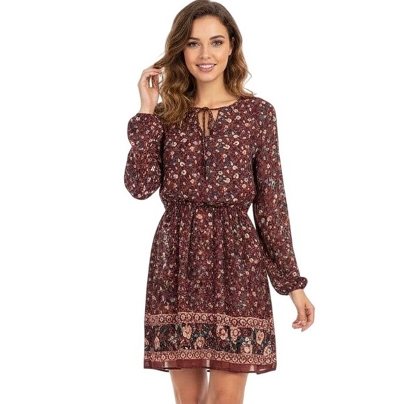 Mudd Dresses & Skirts - Mudd Medium Womens Floral Long Sleeve Burgundy Tunic‎ Mini Dress Bohemian Chic
